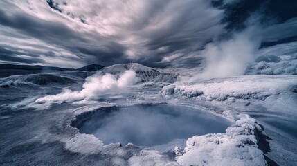An infrared photograph of geothermal pools emitting steam in a volcanic landscape, Geothermal pools scene, Infrared style