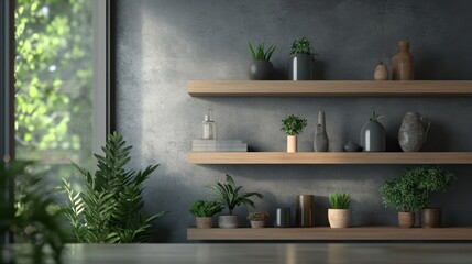 A modern shelf display with various plants and decorative items against a textured wall.