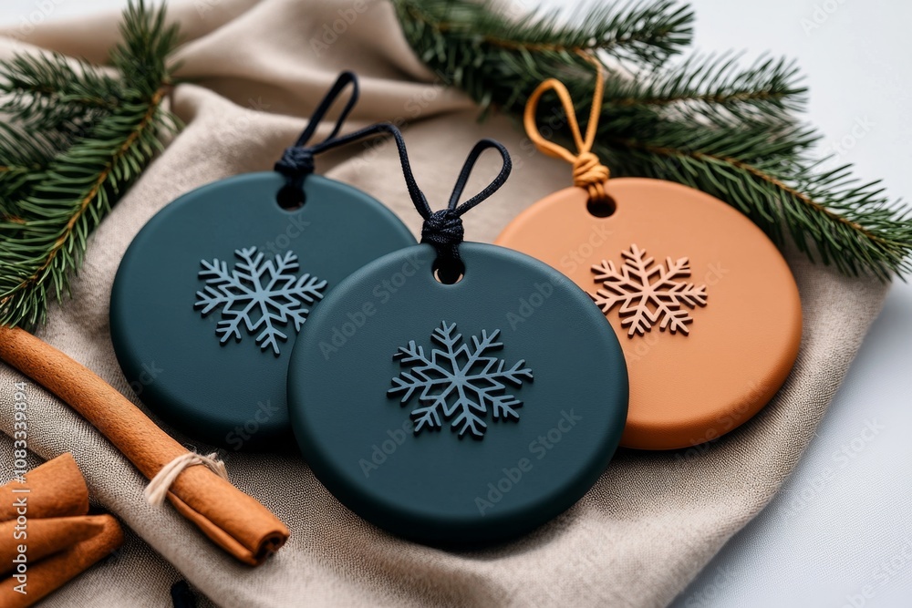 Poster minimalist illustration of a single round ornament with a tiny snowflake design, soft pastel colors