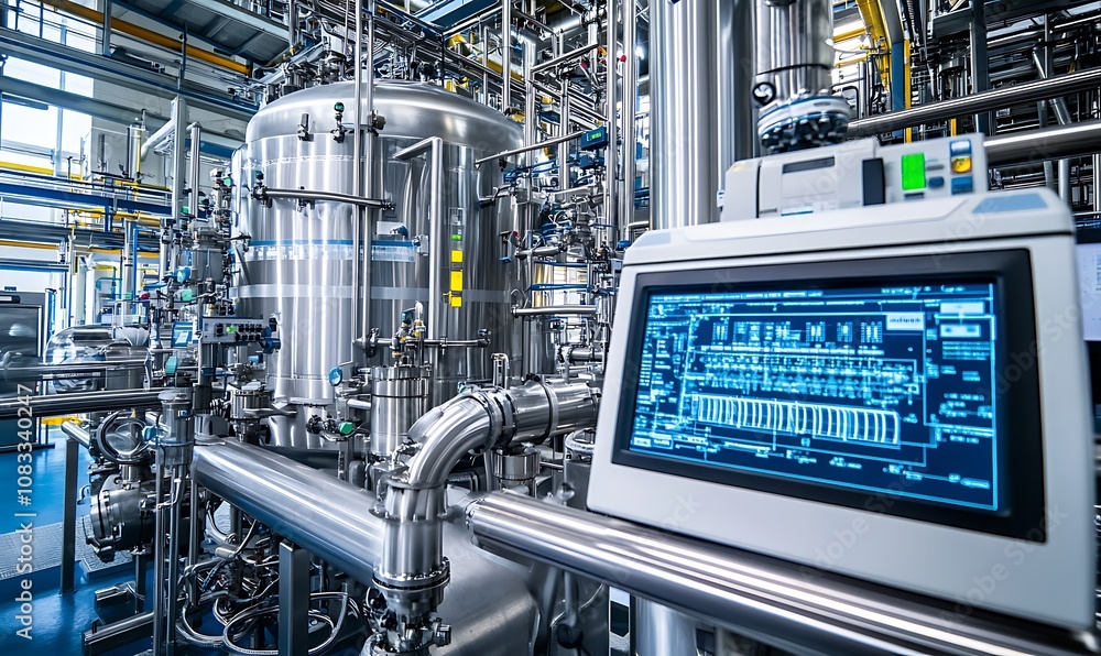 Aufkleber industrial processing facility with large tanks and control panel for monitoring operations.