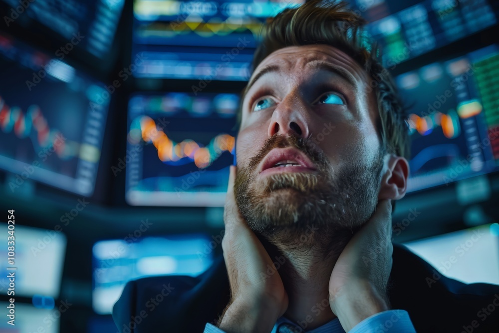 Poster stock trader analyzing market data in high angle shot