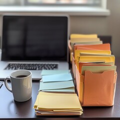 Naklejka premium office table showcasing a stack of job seekers' envelopes, arranged neatly alongside a computer and a motivational poster. The lighting is soft, creating a welcoming atmosphere