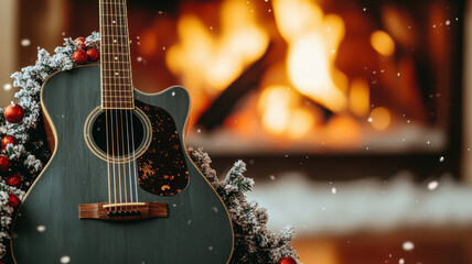 Fototapeta premium Navidad guitar resting on snow-dusted. vintage guitar resting near crackling fire, surrounded by festive decorations, creates warm and cozy atmosphere perfect for holiday season
