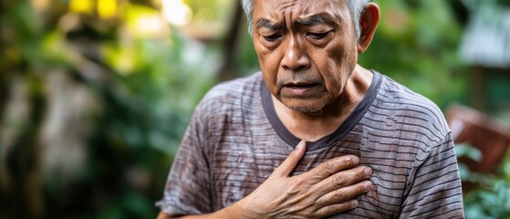 An elderly man holding his chest outdoors, appearing distressed, with a blurred natural background and a worried expression.  
