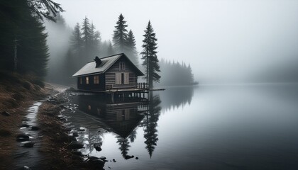 Fototapeta premium Cabin on the lake in fog forest monochrome image