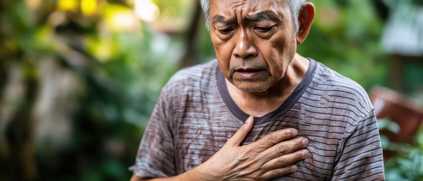 An elderly man holding his chest outdoors, appearing distressed, with a blurred natural background and a worried expression.  
