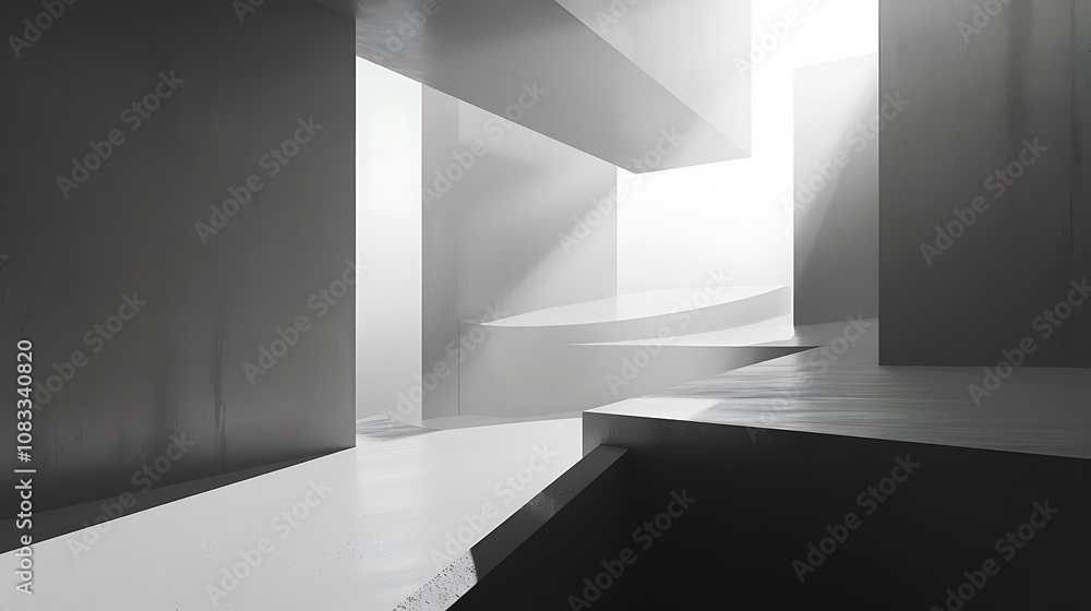 Poster minimalist 3d rendering of an abstract architectural interior with clean lines and geometric shapes,