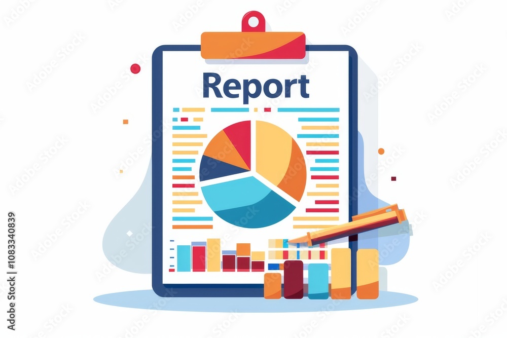 Poster vibrant and modern business report illustration featuring colorful charts and graphs on a clipboard 