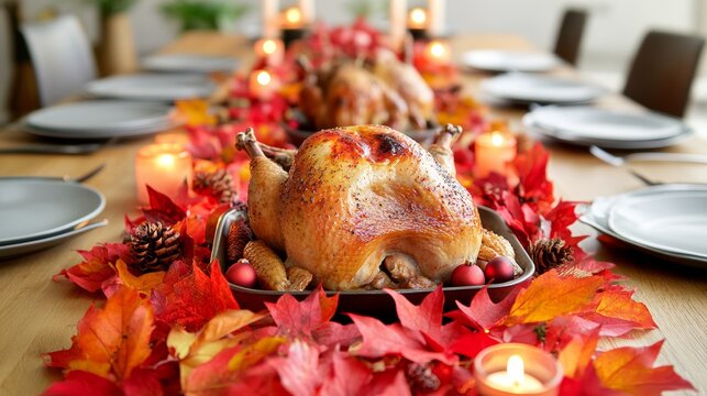 Roasted Turkey Thanksgiving table served with turkey decorated with bright autumn leaves and candles Roasted chicken table setting Christmas dinner
