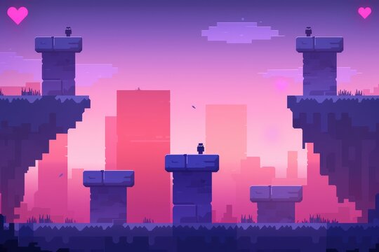 A vibrant, pixel-art landscape featuring platforms, a character, and a colorful sunset backdrop with heart icons, suggesting a playful, adventurous atmosphere.