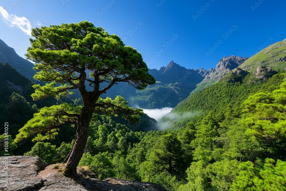 Poster pine tree forest in the mountains, with mist rolling through and sunlight filtering between the tree