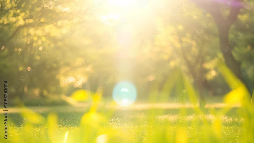 Wall mural Blurred natural background in park with gentle sunlight filtering through trees evokes peaceful afternoon. Serene outdoor setting. Nature