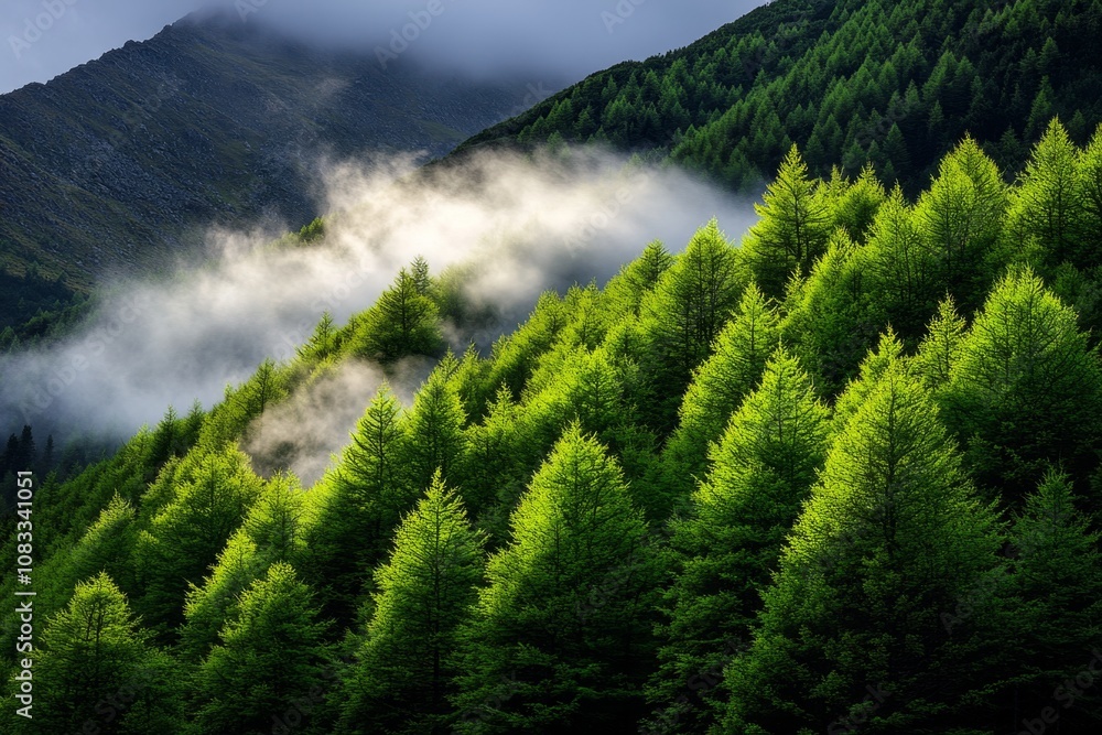 Poster pine tree forest in the mountains, with mist rolling through and sunlight filtering between the tree