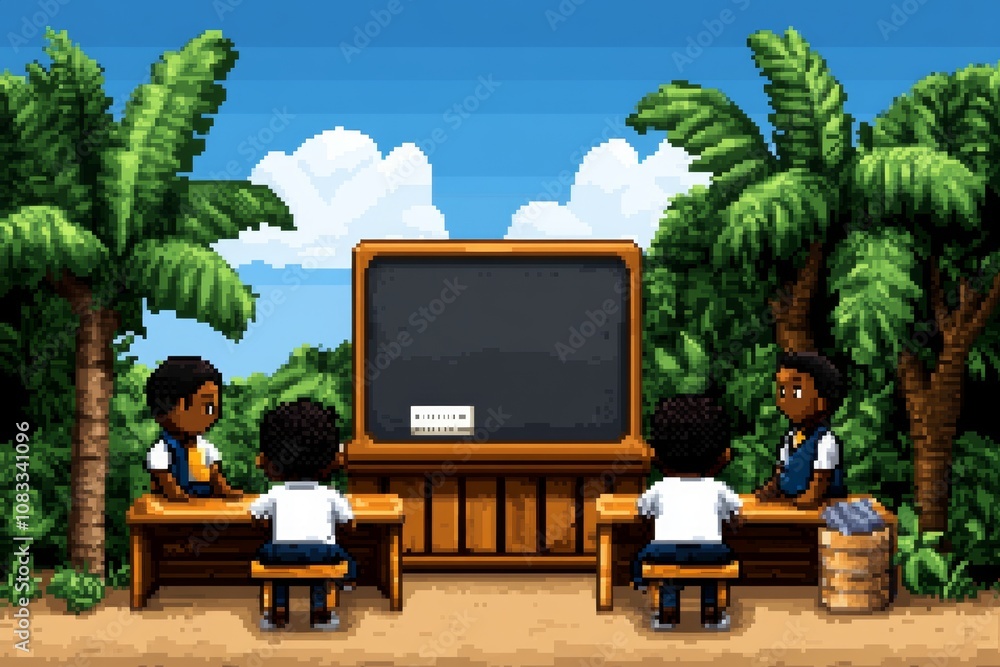 Poster pixel art of a classroom with desks, a chalkboard, and students, retro 8-bit style with bright color