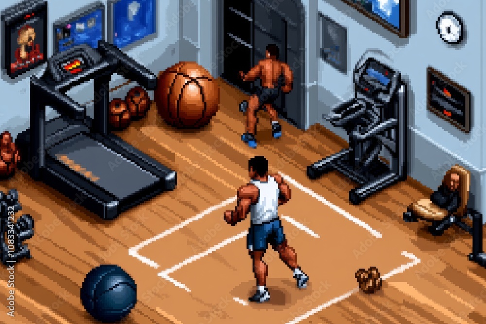 Poster Pixel art of a retro gym with tiny pixel characters lifting weights and running on treadmills, 8-bit style