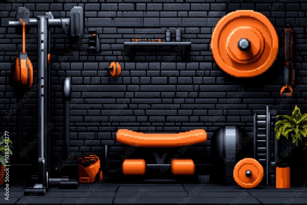 Poster Pixel art of a retro gym with tiny pixel characters lifting weights and running on treadmills, 8-bit style