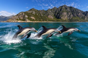 Obraz premium Pod of dolphins playfully swimming through the ocean, capturing their graceful movements underwater