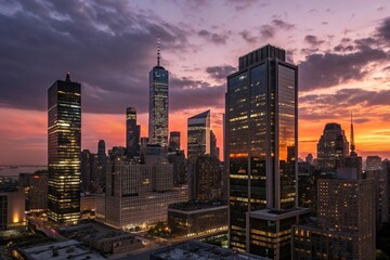 A skyline view of a modern city at dusk, buildings lit up