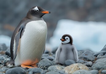 Adult and chick gentoo penguin on rocky beach.