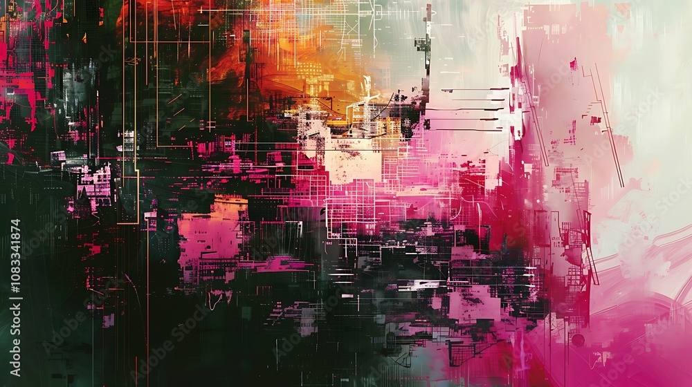 Poster abstract digital art with vibrant colors, lines, and shapes, creating a dynamic and futuristic visua