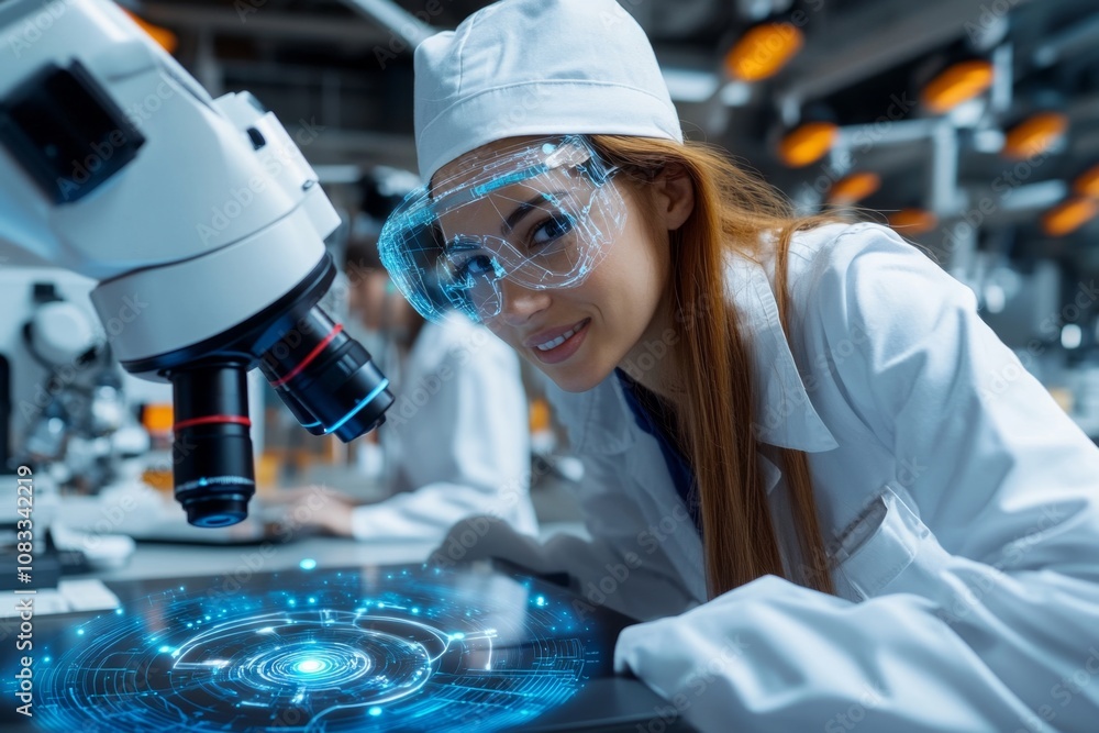 Poster Scientist using a microscope with a digital overlay, cutting-edge lab equipment and data analysis