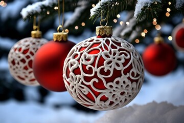 Set of Christmas ornaments with intricate lace designs, hanging elegantly against a snowy tree