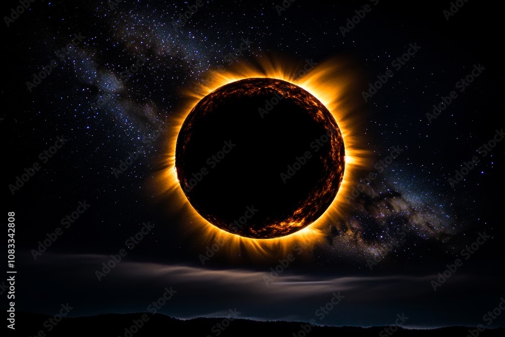 Poster sky during a solar eclipse, showing a dark circle surrounded by glowing light against a starry backd