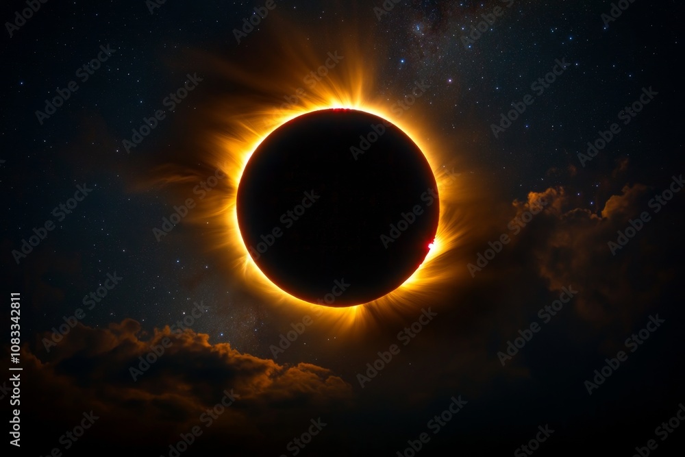 Poster sky during a solar eclipse, showing a dark circle surrounded by glowing light against a starry backd