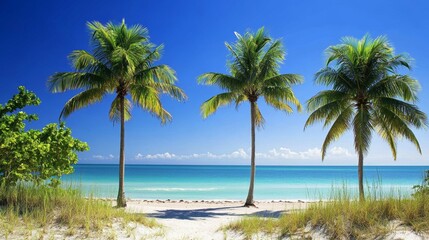 Fototapeta premium Serene tropical beach scene with lush palm trees under a vibrant blue sky in miami florida