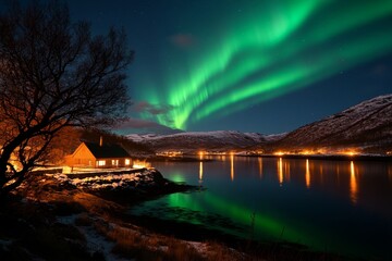 Obraz premium Sky with vibrant northern lights, casting green and purple ribbons across a dark winter night