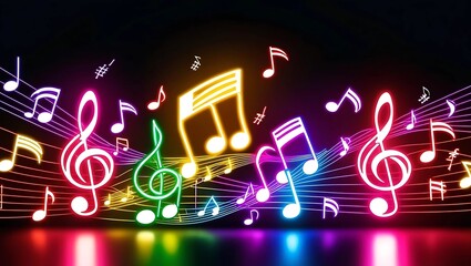 Neon music notes illustration, a colorful vector design for a party card