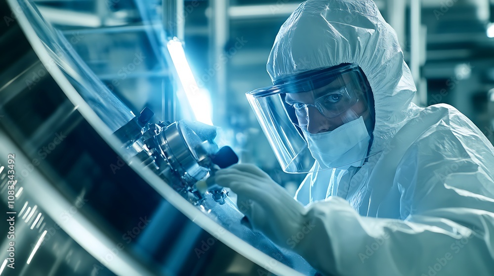 Aufkleber a scientist in protective gear works on a high-tech machine in a laboratory setting.