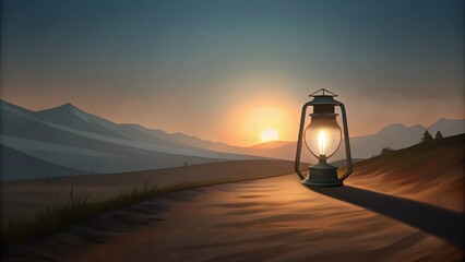 A lit lantern on a hilltop with a sunset backdrop