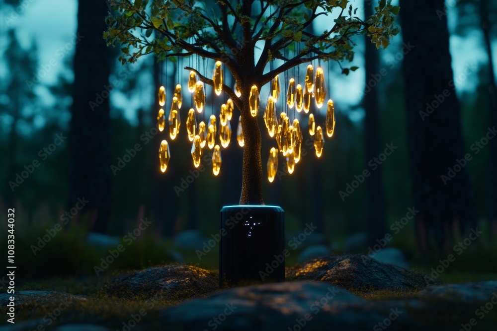 Poster tree with magical crystals hanging from its branches, radiating a soft, ethereal light in an enchant
