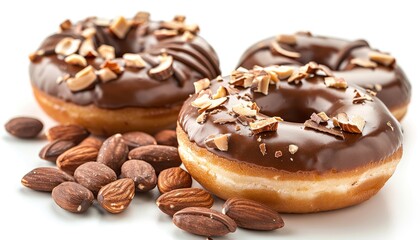 Three chocolate donuts with almond toppings on a white background.