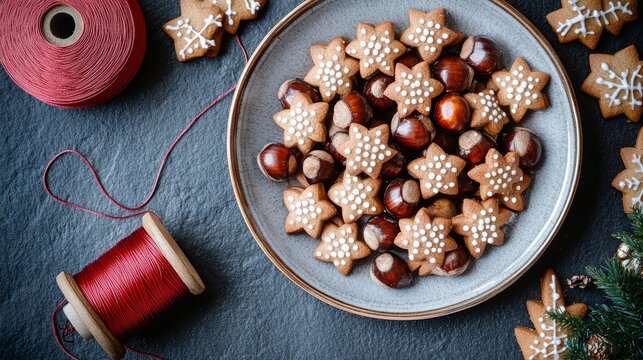 From above of plate of heap of chestnuts with tasty christmas cookies placed on table near spool of red thread - Powered by Adobe