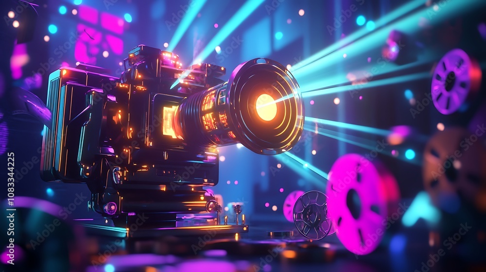 Poster stylized movie visual display retro stylized movie camera visual display