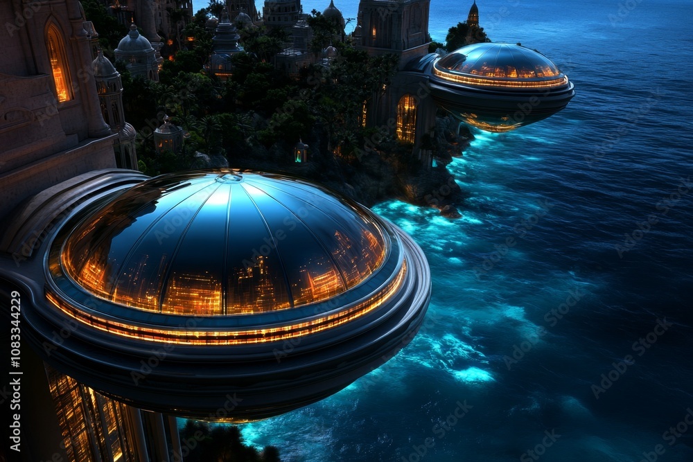 Poster underwater city with glowing skyscrapers and domes, futuristic architecture with a glass-like ocean 