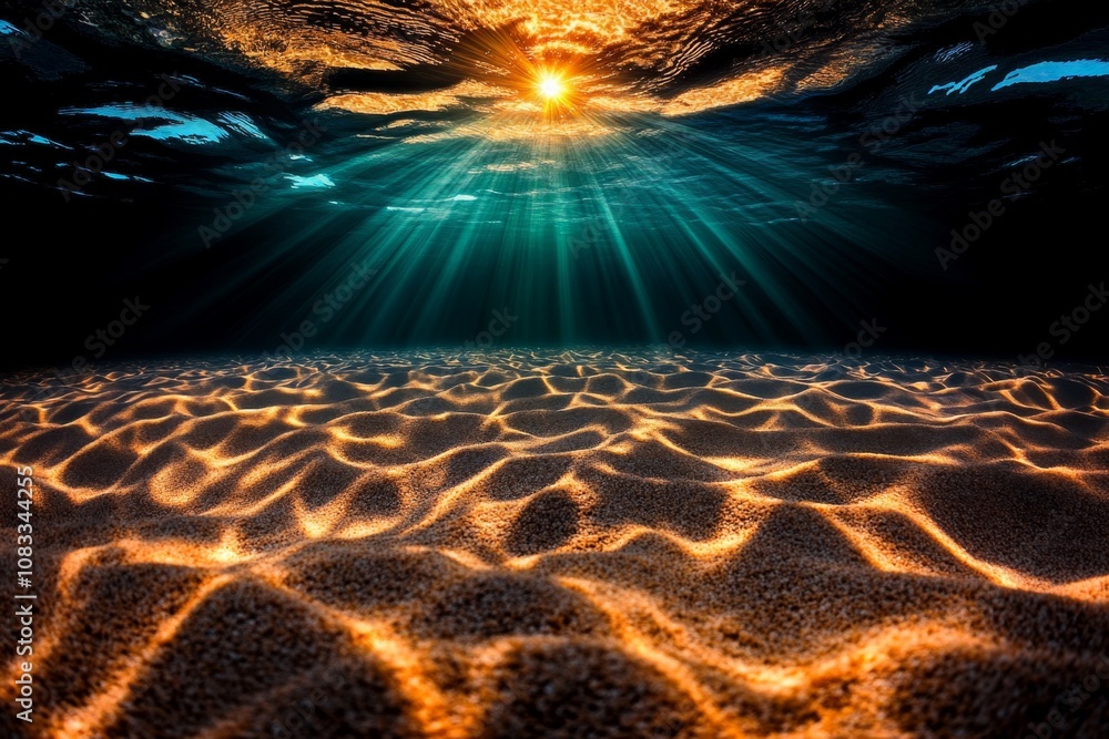 Poster Underwater landscape with gentle waves rippling above, creating soft light patterns on the ocean floor