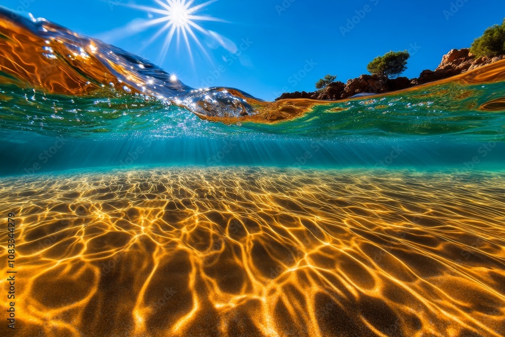 Poster Underwater landscape with gentle waves rippling above, creating soft light patterns on the ocean floor
