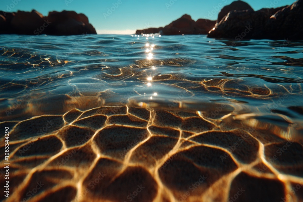 Poster underwater sandy bottom with gentle waves, soft light reflecting in ripples, tranquil and empty