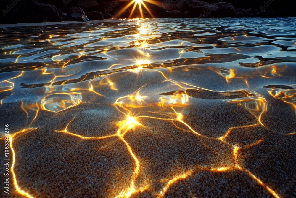 Aufkleber underwater sandy bottom with gentle waves, soft light reflecting in ripples, tranquil and empty