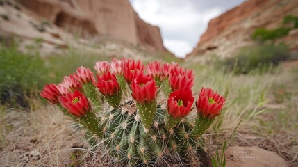 Obraz premium Red flowering cactus blooms in the desert of utah near moab