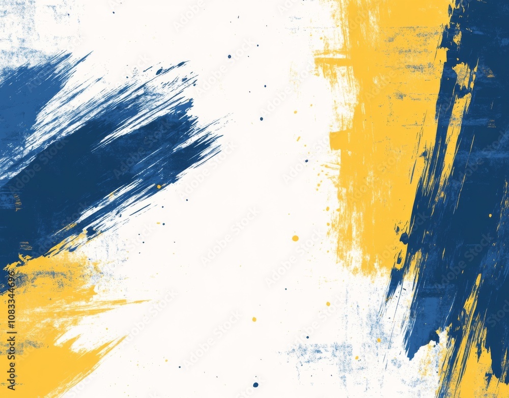 Poster white background with blue and yellow brush strokes in a vertical rectangular shape.