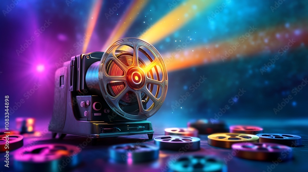 Poster stylized movie visual display retro movie projector with colorful lights