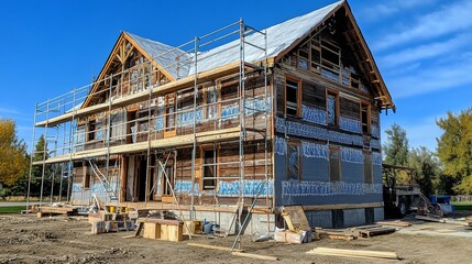 A two-story house under construction with scaffolding and plywood siding.