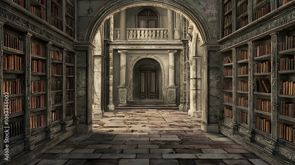 Poster Explore the enchanting architecture of an abandoned library filled with timeless books and mystique