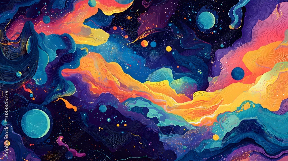 Aufkleber explore the vibrant universe of abstract cosmic art featuring colorful swirls and celestial bodies