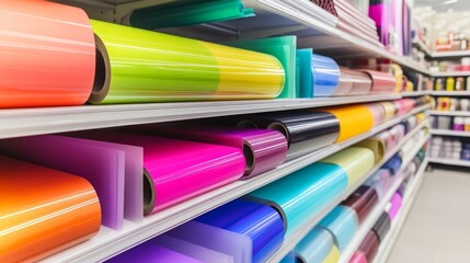 Fototapeta premium Vinyl self-adhesive film on the shelves of the storeSale of multi-colored film for design and visual design External tuning