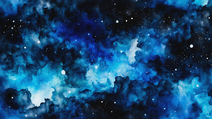 Obraz premium Watercolors vast Cosmic Nebula with Stars and Swirling Clouds in Deep Blue and White